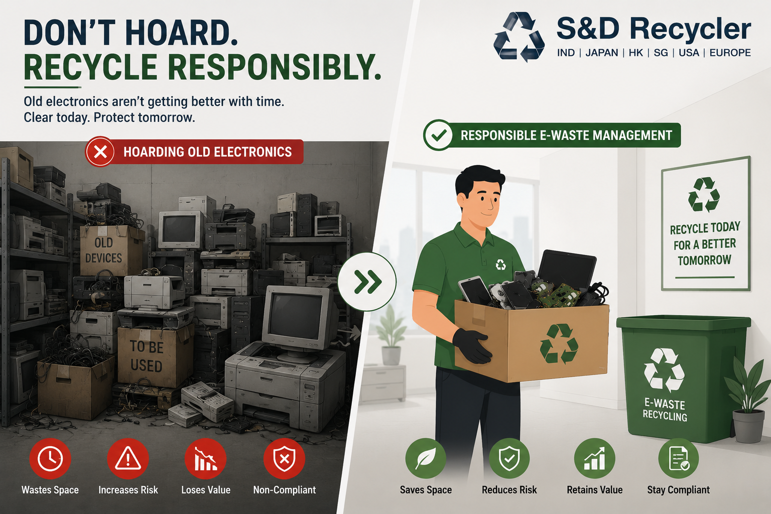 Risks of hoarding old office electronics instead of recycling responsibly