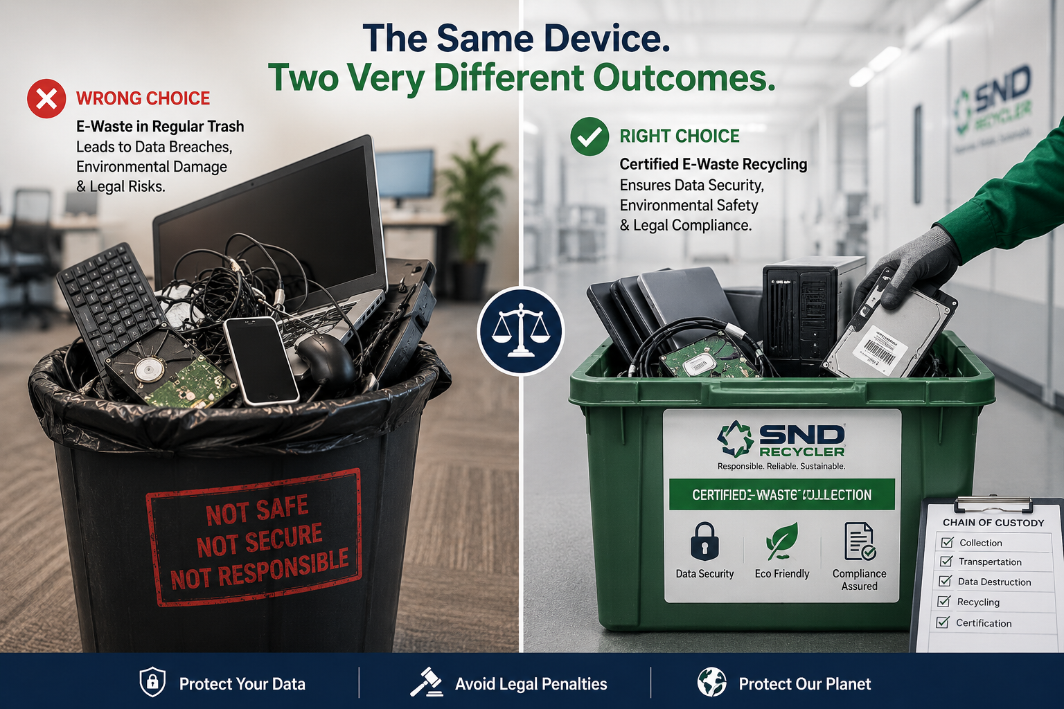 Office e-waste thrown in regular trash vs certified recycling process